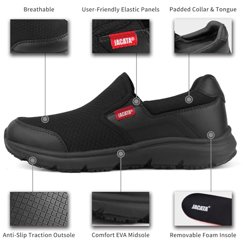 Image of Jacata Non Slip Black Work Shoes for Men Food Service Mens Water Slip Resistant Leather Slip on Chef Walking Shoes for Restaurant Kitchen Sneakers