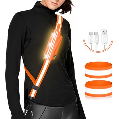 LED Belt Reflective Sash for Walking at Night,High Visibility Adjustable Night Running Safety Gear,Light Up Running Belt Reflective Gear with Phone Bag/Armband for Runners Walkers Men Women (Orange)