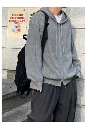 heyheyshine Men Zip Up Hoodie Solid Cardigan Sweater Long Sleeve Cardigan Knitted Drawstring Sweater Loose Casual Coat4