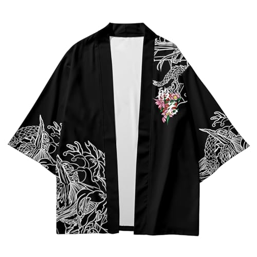 Image of DOSLAVIDA Men's Japanese Kimono Jacket Set Stylish Open Front Coat With Shorts Chinese Style Printed Cardigan Suit