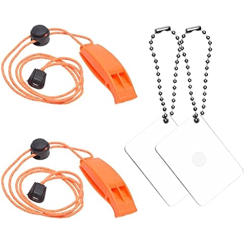 Eco-Fused 2X Survival Whistle and 2X Signal Mirror - Outdoor Survival Kit Rescue Flash Mirror - Clip-on Whistle with Lanyard - Backpacking, Camping, Marine Use, Outdoor Activities Cover