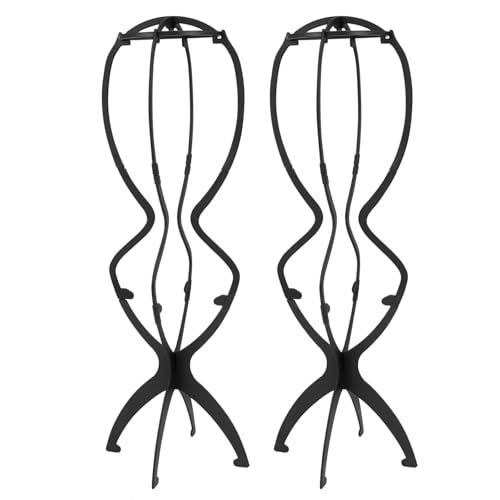 OYUUJII Wig Stand 2 Pcs Wig Stands Holders for Long Short Hair Folding Plastic Wigs Head Stand Portable Display Stands Holds Multiple Wigs & Hats(Black)