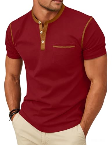 LINENNMAIN Men's Henley Shirt Casual Button Short Sleeve T-Shirt Summer Patchwork Color Block Tee Shirts Burgundy by LINENNMAIN - Used condition - Image 2