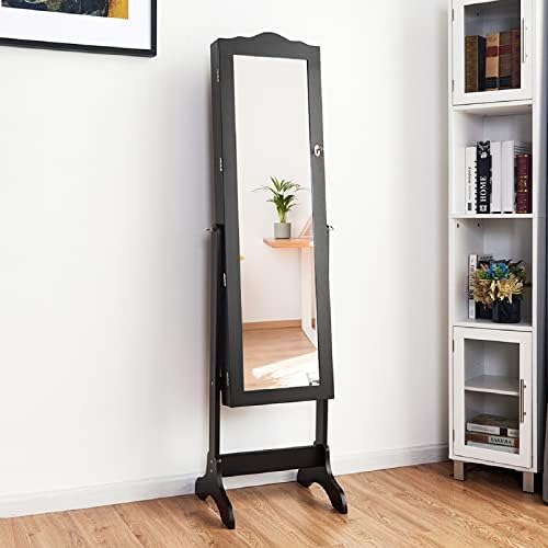 CASART Mirrored Jewelry Cabinet, Free-Standing Jewelry Armoire with Adjustable Mirror and Storage Shelf, Bedroom Makeup Jewelry Organizer for Women Girls (Black)