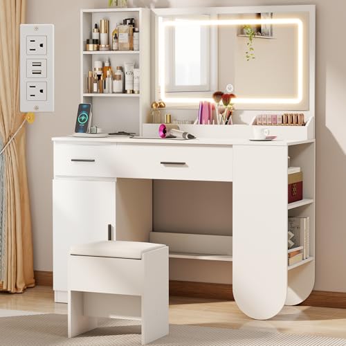 Image of 47'' Wood Vanity Desk with Mirror and Lights, Makeup Girls Vanity Set with 2 Drawers, 2 Storage Shelves & 1 Cabinet, Power Outlet, Stool, Furniture Clearance Outlet Dressing Table for Bedroom, White