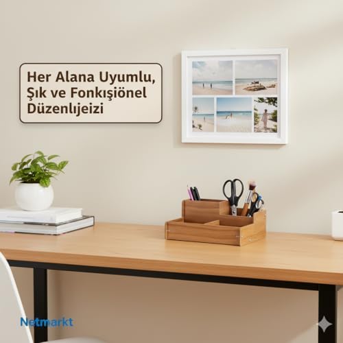 Netmarkt Ahşap Masa Üstü Organizer, Kalem ve Makas Tutucu, Kahverengi Meşe, Ofis Masası Düzenleyici, Çok Bölmeli - Görsel 4
