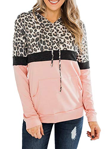 EVALESS Women Color Block Leopard Long Sleeve Drawstring Hoodies Sweatshirts Pullover Top with Kangaroo Pocket Pink L 12 14