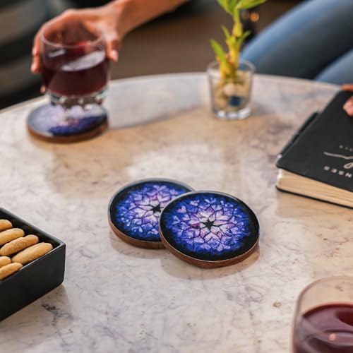 Image of Blue Nebula Acacia Wood Coaster Set (Set of 4) - Premium Handcrafted Wooden Drink Coasters with Stunning Enamel Artwork, Stylish & Durable Tabletop Protection for Home & Office