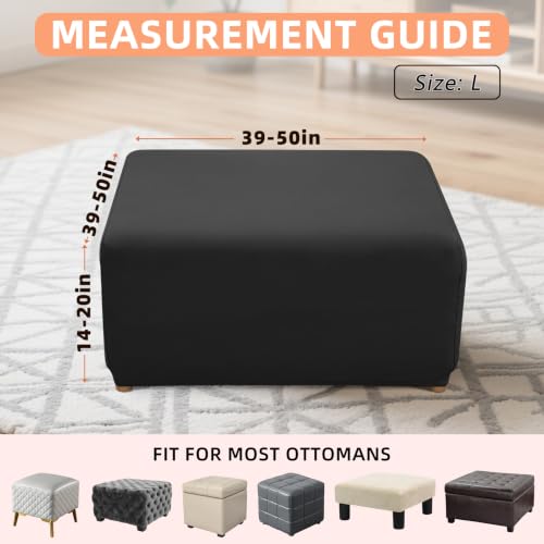 Image of YISUN Super Stretch Square Ottoman Cover - Soft Form Fit Ottoman Slipcover for Foot Stool & Folding Storage, Washable Furniture Protector with Non-Slip Elastic Bottom (L, Black)