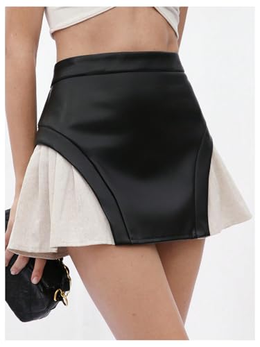 Floerns Women's Going Out A Line Skirt Leather Patchwork Pleated Hem Party Mini Skirts2