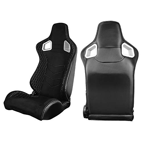 Ikon Motorsports, Universal Racing Seats Pair With Dual Sliders, Suede W/White Stitch Reclinable Left Right #TOP1