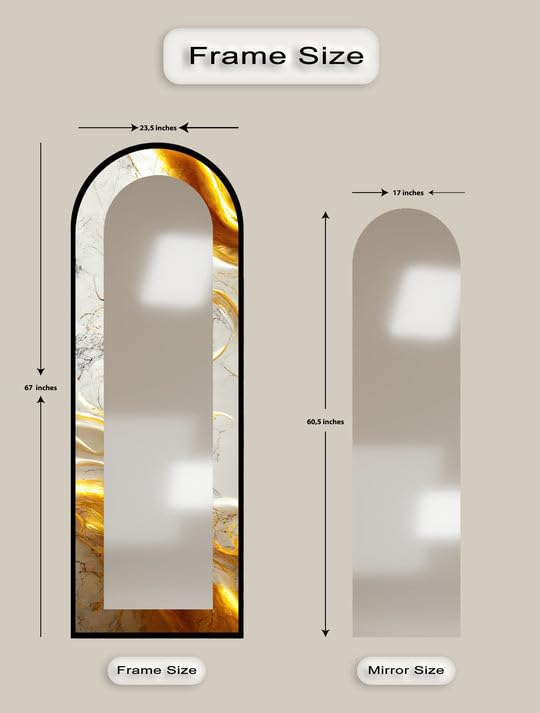 Specchio da pavimento astratto a lunghezza intera, 50 x 160 cm (larghezza x altezza), effetto marmo bianco, specchio da pavimento con cornice nera e cornice nera