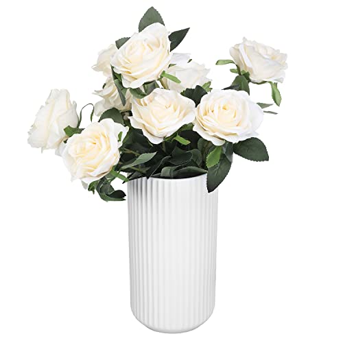 Mygift Modern Artificial White Roses With Stem Fake Flowers Bouquet Arrangement And White Ceramic Vase With Vertical Ribbed Embossed Pattern #TOP9