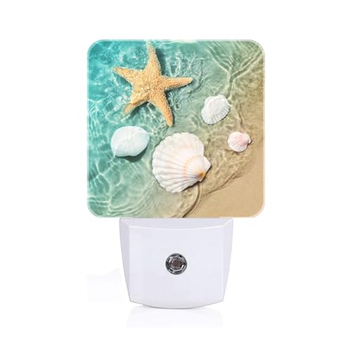 Image of Starfish and Seashell On Beach Night Light,Plug Into Wall Decor for Stairway,Hallway,Kitchen,Dusk to Dawn Sensor Nightlights for Boys /Girls /Women /Men Room Gifts