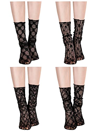 Geyoga 4 Pairs Women's Lace Socks Mesh Lace Loose Decorated Ankle High Sheer Mesh Slouch Socks for Halloween or daily