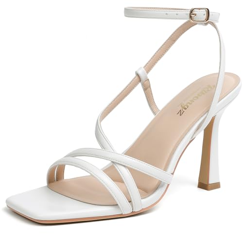 Image of RIBONGZ Block Heels Prom Heeled Sandals for Women Chunky Square Open Toe Strappy High Heels Ankle Strap Wedding Bridal Shoes High Heel Sandals for Party Dress