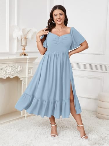 Image of SCOMCHIC Womens Plus Size Wedding Guest Cocktail Dresses Sweetheart Neckline Short Sleeve Smocked Ruffle Slit Maxi Dress