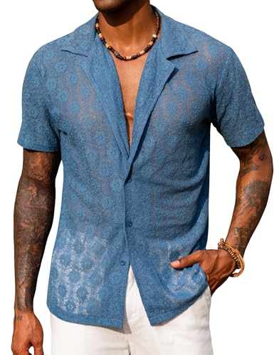 Amazon.com: URRU Mens Floral Lace Shirt Short Sleeve Hollow Out