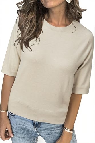 Image of Arach&Cloz Women's Short Sleeve Crew Neck Sweaters Trendy Teacher Work Tops | Lightweight&Breathable Fabric, Texture Knit Design, Relaxed Fit, Business Casual Outfits, Teacher Work Tops Fall 2026