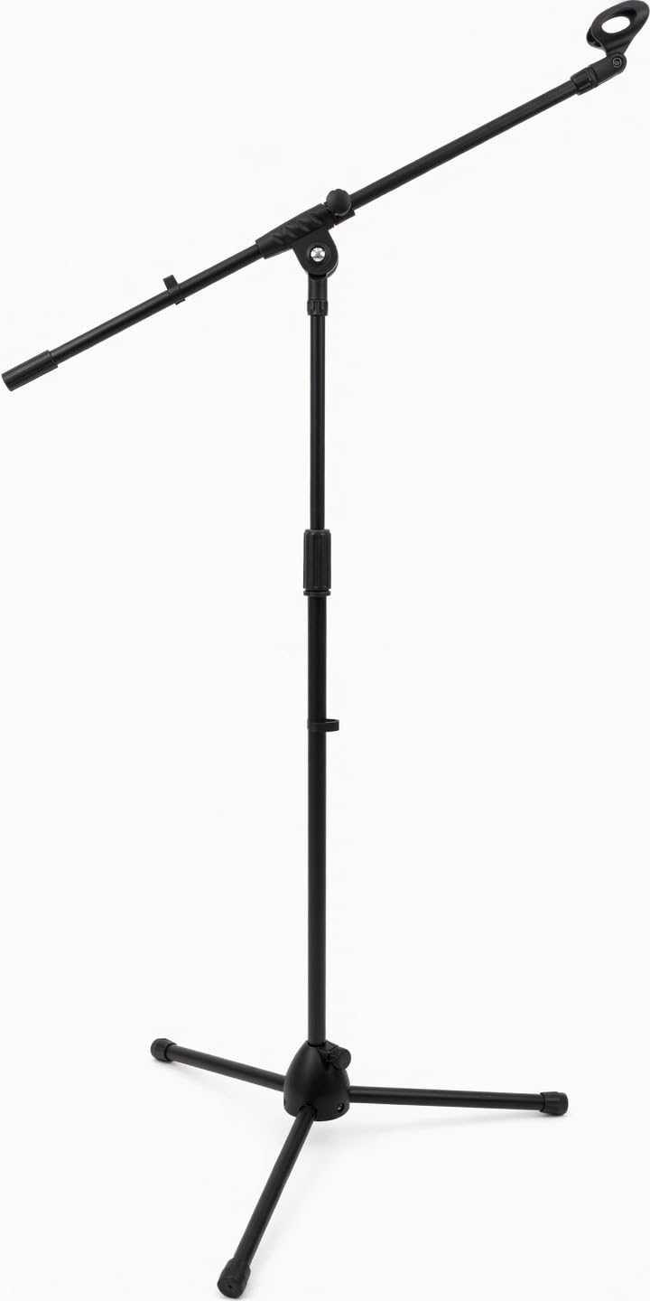 ROCKSTAR - Soporte de Micrófono de Suelo MS80B con Brazo Jirafa 75 cm, Altura Ajustable 85-165 cm, Pie Trípode Estable Base Nylon Antideslizante, Compatible para Estudio, Directo y Podcast