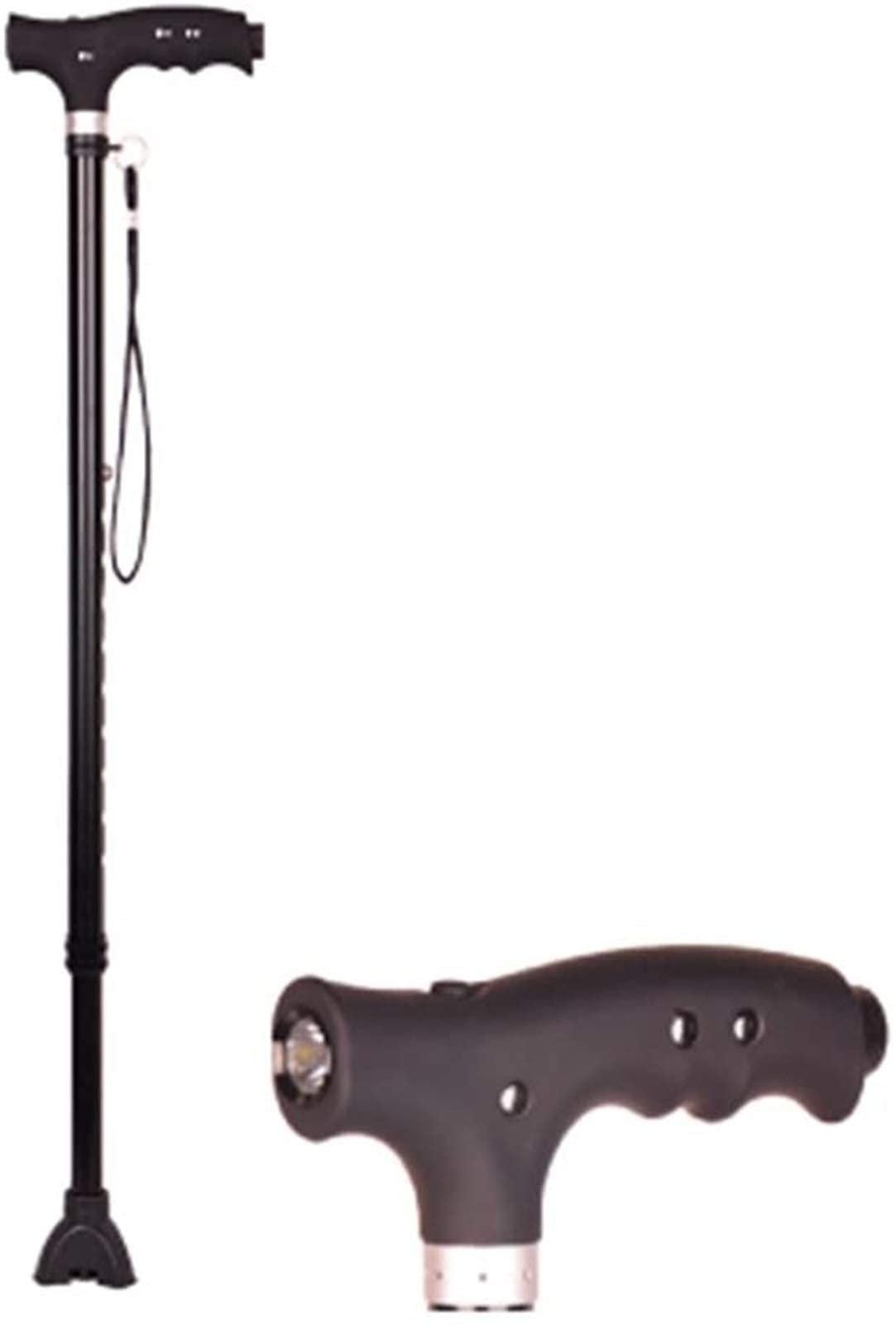 Bastón portátil para Caminar, bastón para Caminar, muleta para Ancianos, telescópico, Estable, Antideslizante, Ligero, Altura Ajustable con luz LED, Color Negro, Bastones