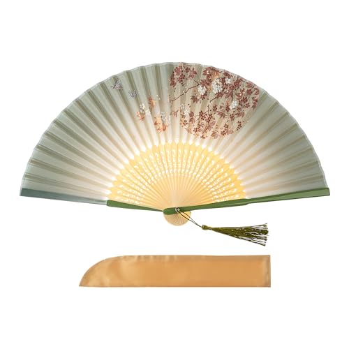 Salutto Hand Fan Bamboo Printed Pattern Folding Fan Lacquered Bamboo Fan For Party Wedding Gift With tassel and fan cover Globe Flower green