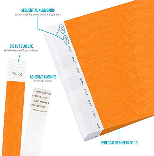 Wristco Neon Orange Tyvek Wristbands For Events - 500 Count ¾” X 10” - Waterproof Recyclable Comfortable Tear Resistant Paper Bracelets Wrist Bands For Concerts Festivals Admission Party Tours #TOP2