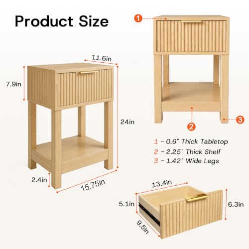 Image of Solid Wood Nightstand with Drawer, Mid-Century Real Wooden Bedside Table with Storage,Modern Fluted End Table for Bedroom Sofa Couch Office,15.75 inch L x 11.81 inch W x 23.62 inch H Natural.