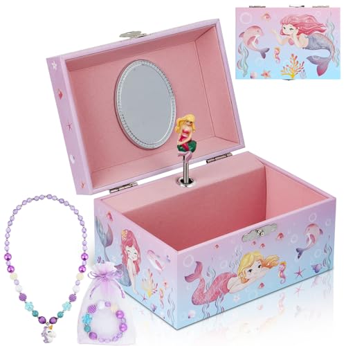 hombrima Music Jewellery Box with Necklace Bracelet, Musical Jewelry Storage Case with Spinning Unicorn Gift Set for Kids Girls Children Daughter (Pink-Mermaid)