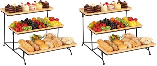 Cozary Vassoio Da Portata 3 Piatti, Alzate Per Buffet, Vassoio Legno 28.9x12.5x1.2cm, Porta Frutta Da Tavolo Supporto in Metallo, Alzatina Cucina per Verdura/Frutta/Biscotti/Torta (Confezione da 2)