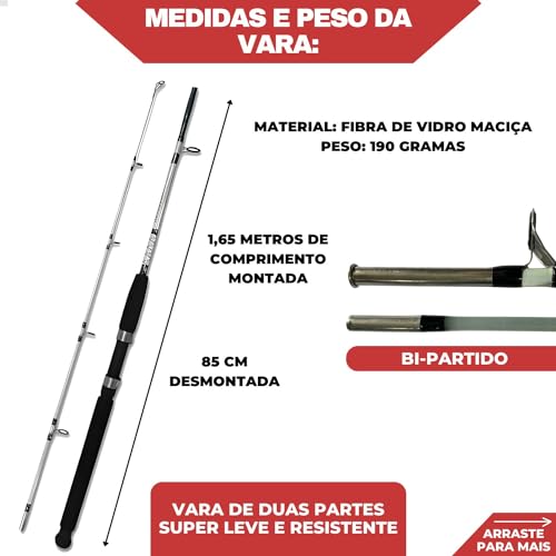 Kit Pesca Vara Sólida Maciça 2 Partes Com Rosca 165m Com Molinete 5000 Drag 14 Kgs Carretel de Alumí