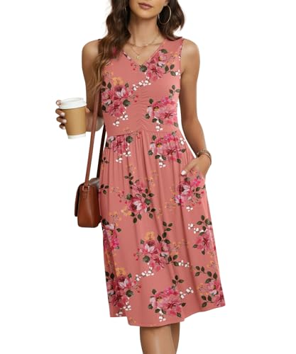 Image of NILOUFO Sleeveless Dress for Women Summer Knee Length Sundress with Pockets | Sundresses for Women Tank Empire Waist Sun Dress Cold Shoulder Casual V Neck Midi Dress Flowy Summer Dresses for Women