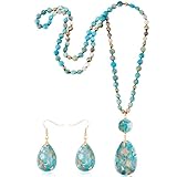 Liliaafar Turquoise Colorful Jewelry Set Long Beaded Necklaces and Earrings for Women Boho Natural Stone Indian Necklace Beaded Jewelry Handmade Vintage Oval Water Drop Gift for Valentine's Day