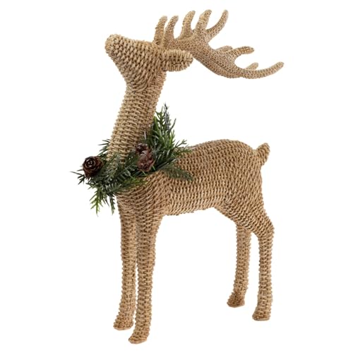 Boston International Christmas Statue Figurines for Tabletop Mantel Shelf Winter Holiday Decorations for Home, Standing, Basket Weave Deer with Wreath