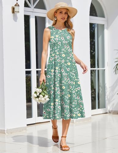 Image of HOTOUCH Summer Casual Dresses for Women Sleeveless Midi Dress Swing Tank Sundress Pleated Tshirt Dress with Pockets