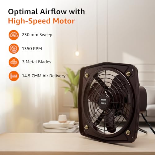 Image of Amazon Basics 9 inch Fresh Air Exhaust Fan | 40W | 230 mm Sweep | Corded Electric | Window Mount | 45-52 dB | Indoor Use | Metal - Black