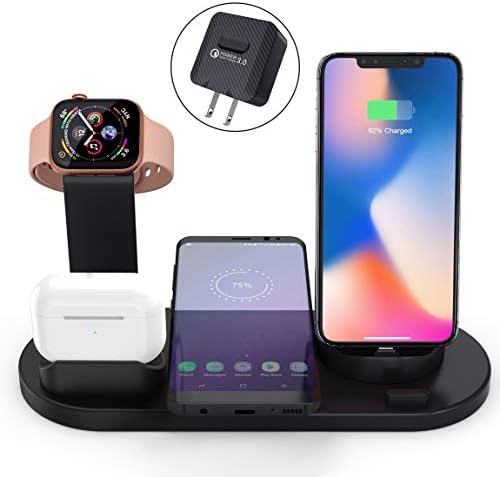 Elaime Fast Wireless Charger, 4 in 1 Wireless Charging Dock Compatible with Apple Watch 5 and Airpods Pro, Qi Wireless Charging Station Stand for iPhone 11 11 Pro Max X Xs XR Xs Max 8 8 Plus （Black）