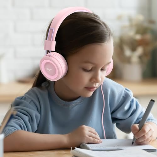 Image of ELECDER i37 Kids Headphones for School Child Girls Boys Teens, Peach /Purple | Foldable Adjustable Lightweight, 3.5mm Audio Jack On Ear Headphones for Smartphones Chromebook Computer PC Tablets Travel
