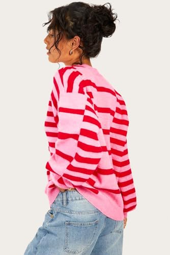 Women's Pink Stripe Bubble Sleeve Drop Shoulder Sweater - Trendy Casual Winter Wear2