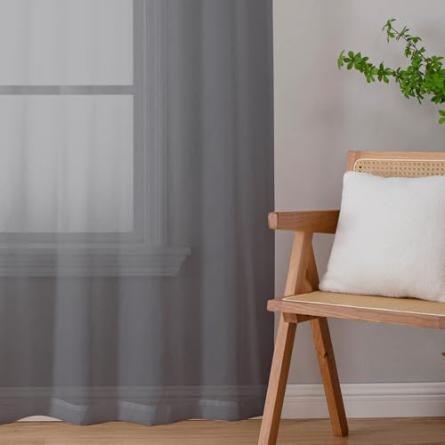 Image of Chyhomenyc Sheer Charcoal Grey Curtains 90 inches Long 2 Panels, Light Filtering Soft Airy Solid Elegant Voile Window Treatment Drapes for Bedroom Living Room Wedding Party Decor, 42 Wx90 L Inches