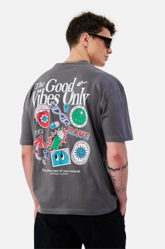 Image of SNITCH Men Oversized Graphic Print T-Shirt | Trendy Streetwear Style & Urban Design Feature | Premium 100% Breathable Cotton Relaxed Fit Pullover for Casual Wear