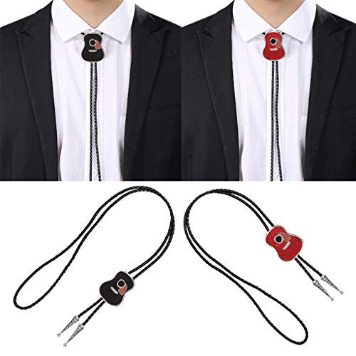 Generic 2pcs Estilo Vintage Guitarra Forma Cowboy Bolo Gravata Gravata de Couro para Homens Vermelho