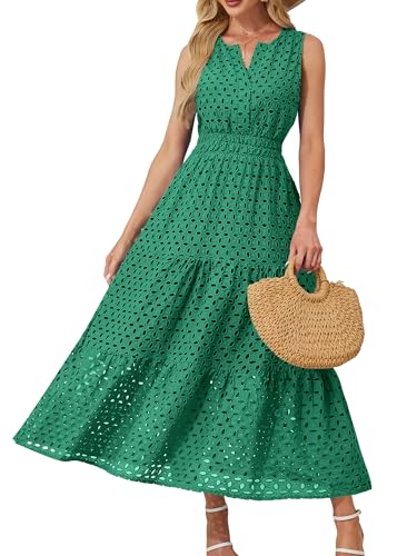 Image of Women 2025 Summer Maxi Dress Casual V Neck Sundress Sleeveless Hollow Out Eyelet a Line Long Flowy Beach Vacation