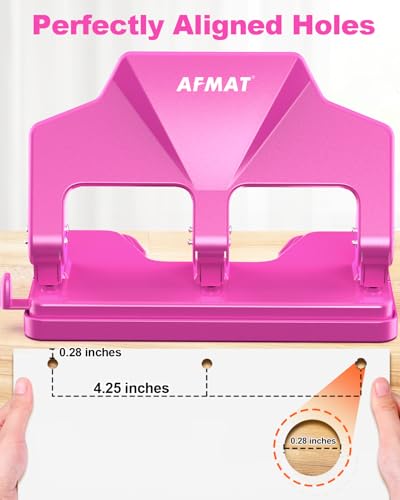Image of AFMAT 3 Hole Punch Heavy Duty, 40-Sheet Three Hole Punch, 50% Reduced Effort, 3 Hole Puncher for Binder w /Large Chip Tray, 9 /32 inch Holes Diameter, Metal Paper Puncher for Home /Office /School, HP14(Pink)