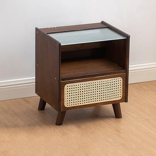 Mesita de noche de ratán, mesa auxiliar bohemia con cajón y estante abierto, mesa de acento estrecha para sala de estar y dormitorio