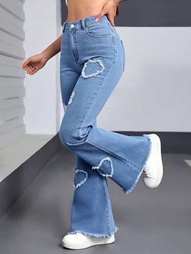 Women's High Waisted Flare Jeans, Light Blue Denim with Heart Distressing, Frayed Hem, Stretch Cotton Blend4