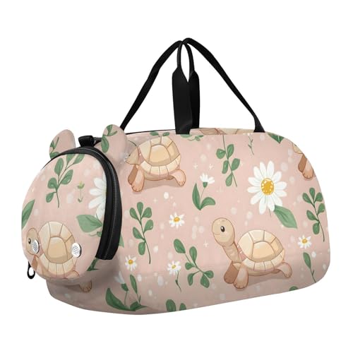 Duffle Bag for Boys or Girls with Shoes Compartment, Cute Little Turtle Daisy Sports Travel Bag Overnight