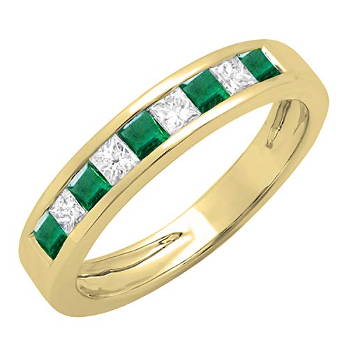 Dazzlingrock Collection 18K Princess Cut Emerald & White Diamond Ladies Wedding Band Stackable Ring, Yellow Gold, Size 5