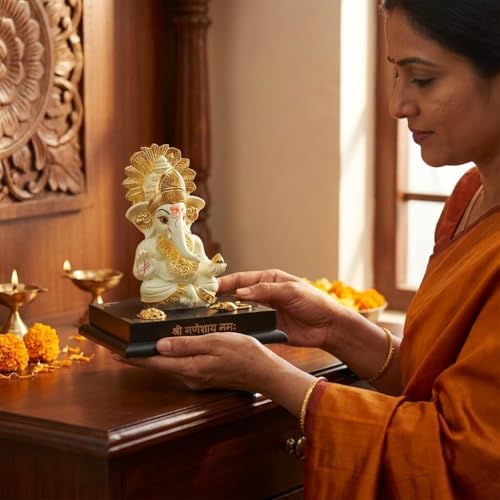Image of Ganesha Idol for Home Decor | 4.5 Inch Golden Ganpati Murti | Resin Ganesh Ji Idol for Car Dashboard, Office Desk & Pooja Room | Vastu Decorative Statue (168g)