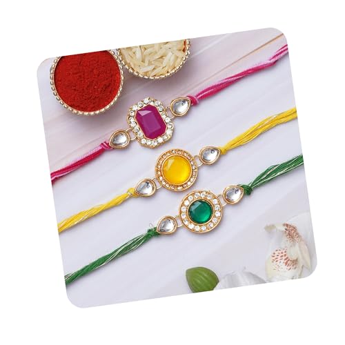 Image of eCraftIndia Set of 3 Multicolor Semi Precious Designer Rakhis for Brother Bhaiya Bhai | Roli Chawal Pack